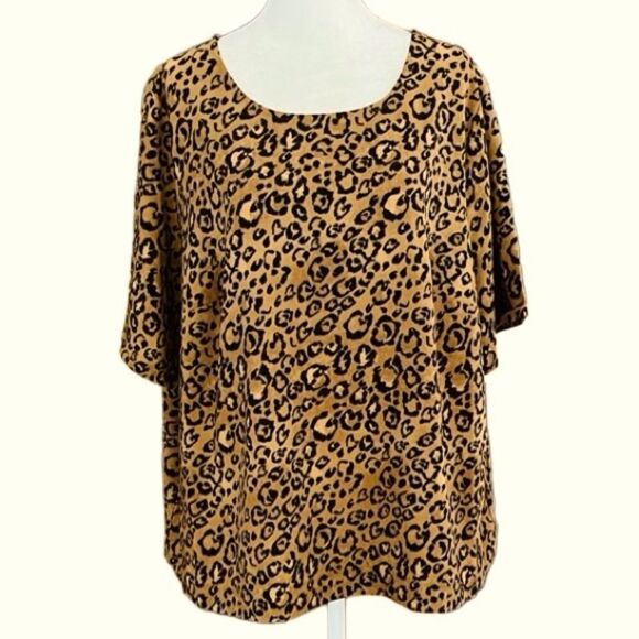 Ava & Viv Womens Black Brown Cheetah Print Top Short Sleeve Split Back, Sz 2X - Picture 1 of 8